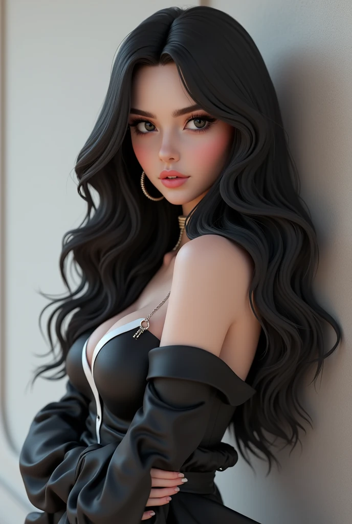 Chica de cabello negro labios gruesos, ojos verdes, no tan alta con vestimenta rockera pero a la vez elegante, con vibras de coqueta y lesbiana, sonrisa galante y cabello ondulaso sedoso, personalida juguetona y satcastica 