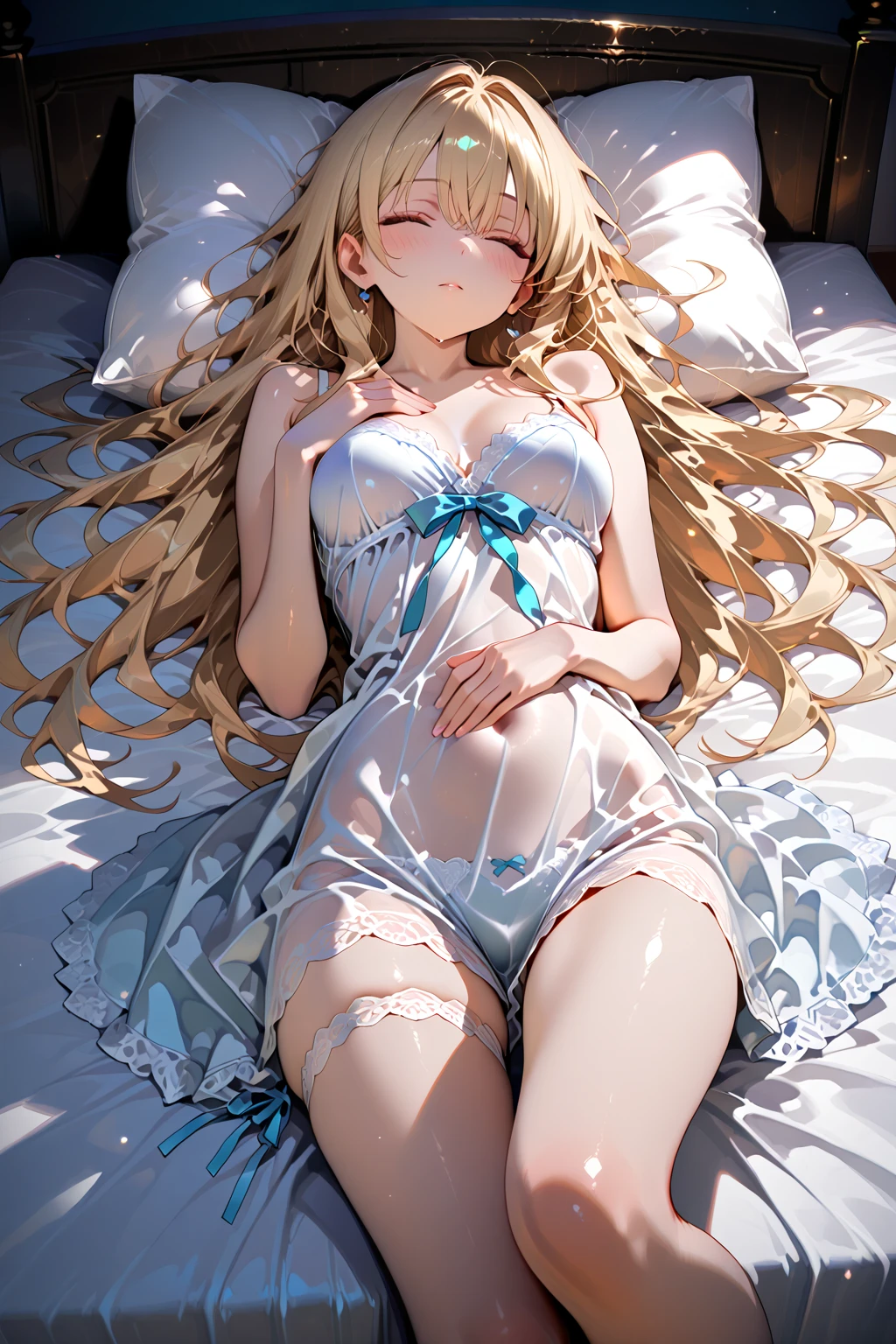 Blonde hair, blue eyes, sexy, large breasts, green underwear, green lingerie, green bra, bed, angel wings
