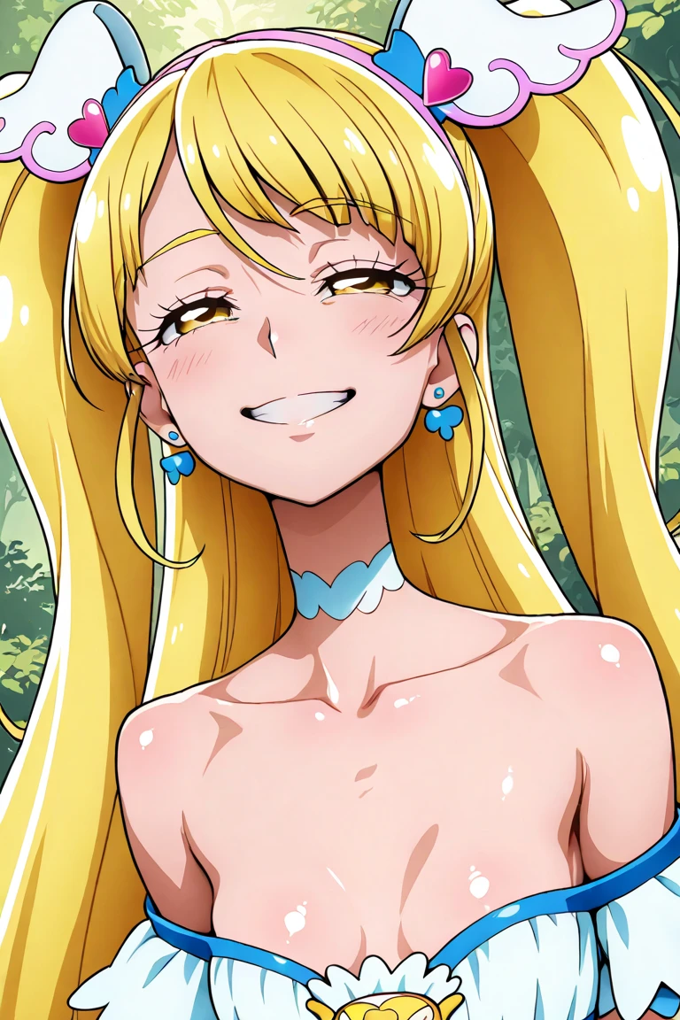 1girl, milf, evil smile, blue eyes, Blonde hair, very long hair, forehead, bandeau, red choker, huge breast, pink bandeau, loose hair, portrait