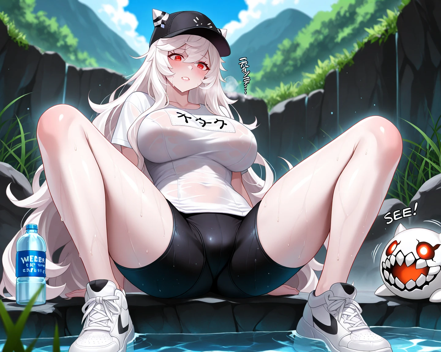 ((Hair: white dreads)), ((wet black t-shirt)), ((lycra mini shorts)), ((fat girl)) , very cute face, 18 years old, (saggy belly), (ahegao face), (albino), ((wet)), ((thick)), long legs, thick legs, (spreading legs), (yoga), (Full body), ((giant boobs)), ((saggy breasts)), ((M-cup sized)), (gym), photo, ultra-realistic, high definition, highly detailed, skin details, make it real, 8k, RAW, masterpiece
