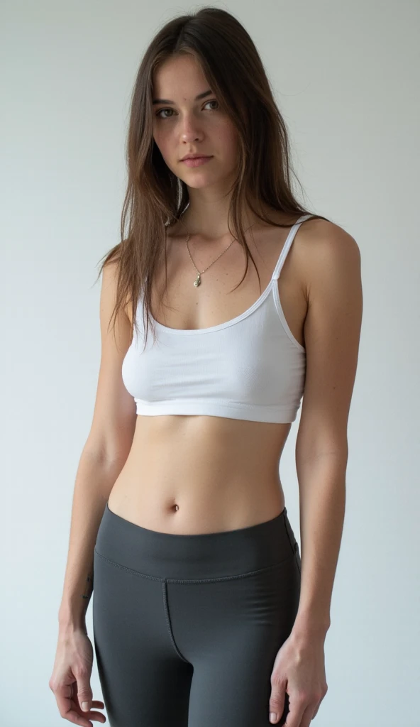 RAW photo, photo of 35 year old woman, (long brunette hair), ((low-rise yoga pants)), (tube top), standing outdoors, thick thighs, ((freckles on face)), ((imperfect skin)), blemishes, lipstick, ((short height, broad shoulders, ((wide hips:1.5)), ((chubby)), muffin-top, flat chest, pale white skin, freckles, blemishes, low rise, carter paige, smiling, happy, goosebumps, textured skin