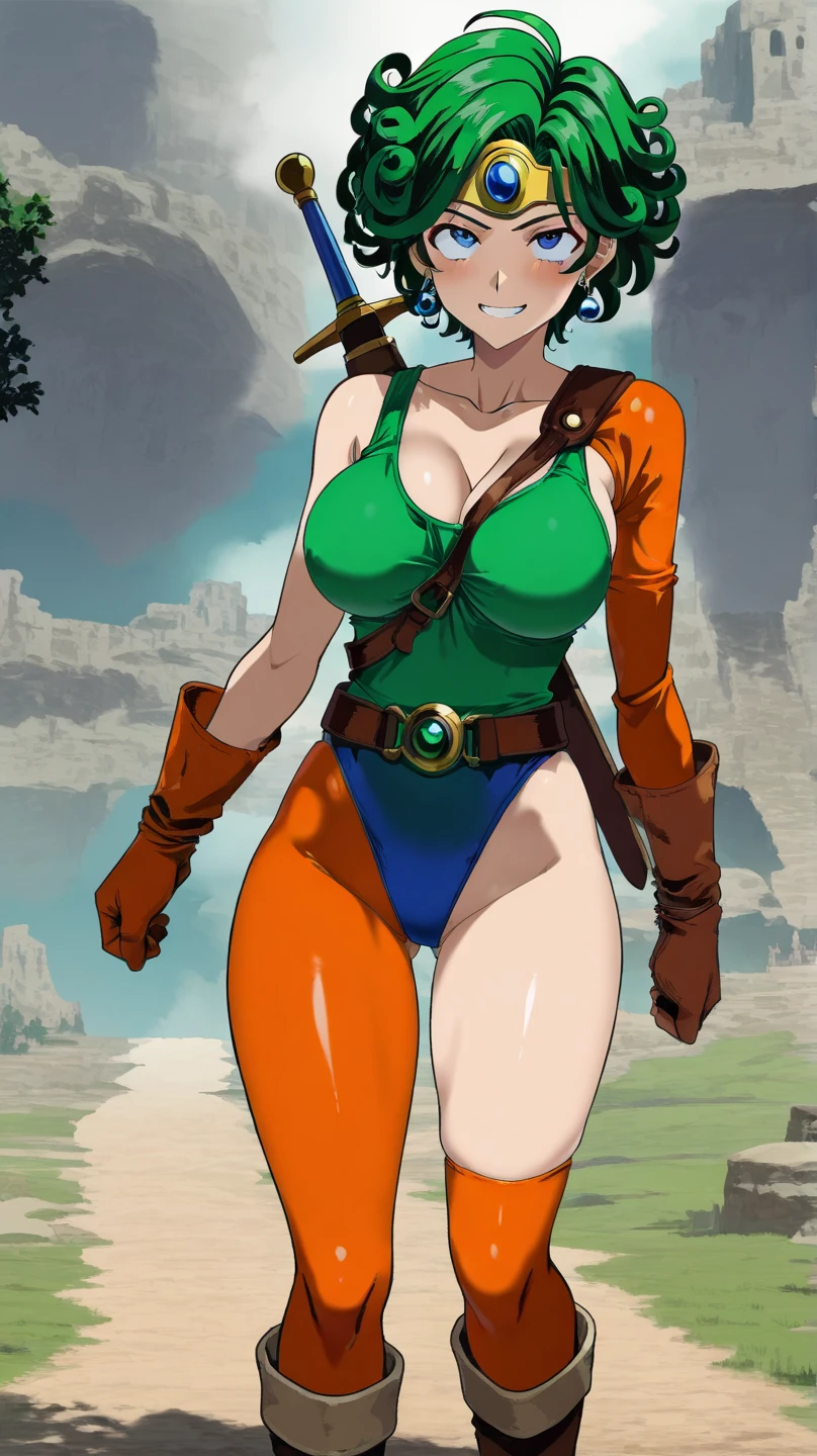 Waifu, masterpiece, curvy, breasts, random hairs, random colors, full sunset, gloves, 1girl, bulma, cleavage, large breasts, tank top, blue eyes, rating:explicit,rule34, hardcore, tits,,clenched hands, punching, night, sky, jumpsuit, pants, bare shoulders, clenched hand, rating:questionable, short hair, belt, green hair, solo, angry, orange gloves, lip biting(gigantic and massive tits:1.1), breasts, official illustration, illustration, detailed face, beautiful intricate eyes, curvy milf, 1:2), closeup, titsnipples