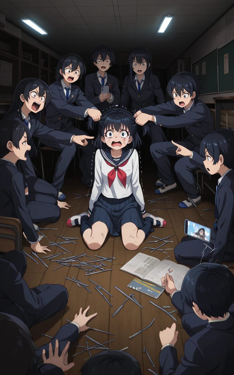 Group of school girls in black skirts and long hair hanging dead boy on ceiling by strangling him in bathroom with neck rope in anime