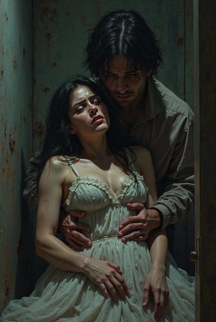 In the crimson room,Full body photo of a man and a woman hugging together, 35 mm,Low angle, Photorealistic, ultra-sharpness,ultra - detailed,Capture his melancholy with fluid brushstrokes,The man pinched the woman's neck,The woman holds a knife in her hand