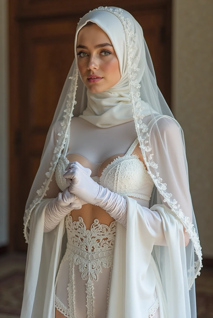 Beautiful, cute baby Face, 17 Years old indonesian Girl, ((wearing hijab)), wearing sexy wedding dress, cleavage cutout, medium breast, White Skin, Smiling, flower garden Background, day light, full body, Perfect Potrait, Bokeh Effect, Look at Viewer, Bracelet, Ring, ((adorable:1.2)), ((masterpiece:1.1)), ((bokeh:1.2)), buttocks, armpit, sexy seducing pose