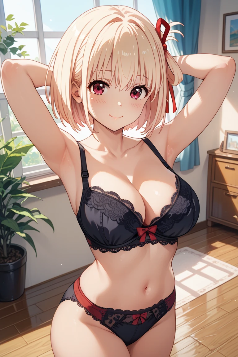 Chisato Nishikigi, Chisato Nishikigi, short hair, bangs, Blonde, (Red eyes:1.5), Hair Ribbon, One side up, Bobcut,Looking at the audience, Heart shaped eyes, at the same time, Nadium Chest, blush，View Audience, From below, concentrate, Beyond the Particles of Light, Love hotel bedroom, I rode it a lot，Red Garter Belt，Red underwear，Red bra，Red pantyhose,Big Breasts，Get on all fours,break looking at viewer, (Cowboy Shot:1.5),break (masterpiece:1.2), Highest quality, High resolution, unity 8k wallpaper, (shape:0.8), (Beautiful and beautiful eyes:1.6), Highly detailed face, Perfect lighting, Highly detailed CG, (Perfect hands, Perfect Anatomy),