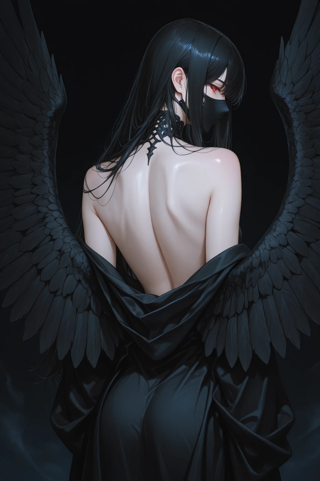 bs, solo, simple background, monochrome, upper body, greyscale, bodysuit, black background, 1other, monster, arms at sides, horror (theme) there is a large-breasted woman in the picture with her arms torn off and her face bleeding, ravens flying in the background, stocking, hot lingerie, big boobies, red paint splatted on it