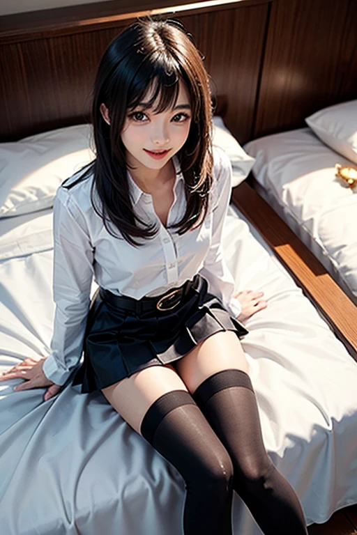 Sexy young teenager girl masturbating, touching her crotch, wearing mini skirt, belly exposed, red tie, red hair, white open blouse, unbuttoned shirt, breasts exposed, laying in bed, pleasure, seductive, sexy, makise kurisu, high quality. ((detailed blue eyes))