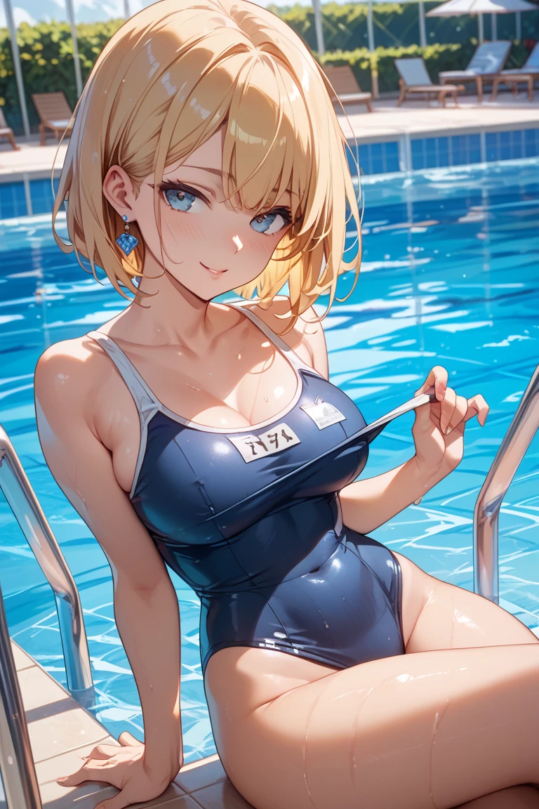 Short Hair、Blonde、Nipples、swimming、Swimsuit、Open your legs while crouching、Perfect body