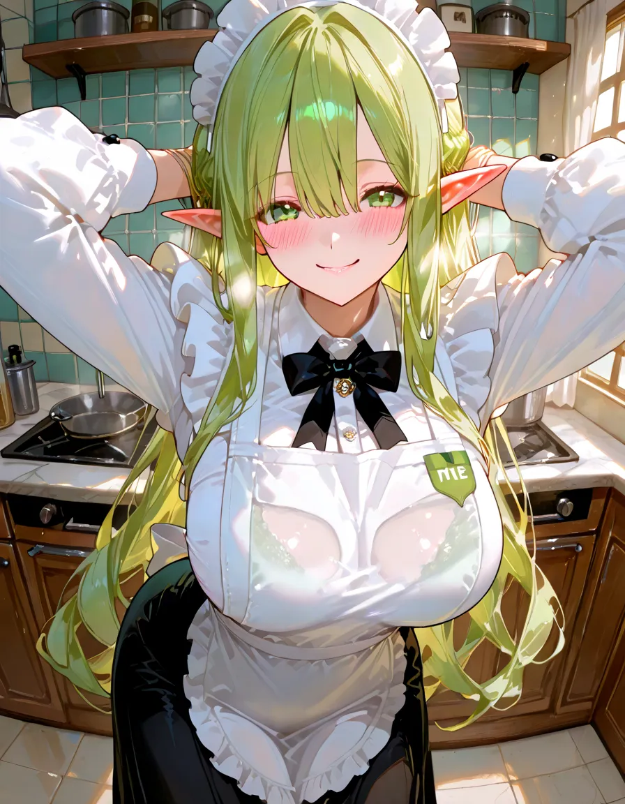 masterpiece, best quality, ultra high res, ultra-detailed, inside a kitchen, day, beautiful ocean city landscape, 1 young goblin girl, (dark green skin: 1.6), (green hair:1.4), (long braids hairstyle: 1.4), slut, hairy pubic hair, (little tits: 1.6), (erotic short maid dress with maid cap: 1.5), (cleavage exposed: 1.4), (Hard Nipples: 1.4) sweating, (she is sitting with her legs wide open with her pussy exposed and her hands behind her head while squirting lots of cum and trembling for sexual orgasm and while she has the face of a very slutty whore and moans a lot like a slut: 1.6)