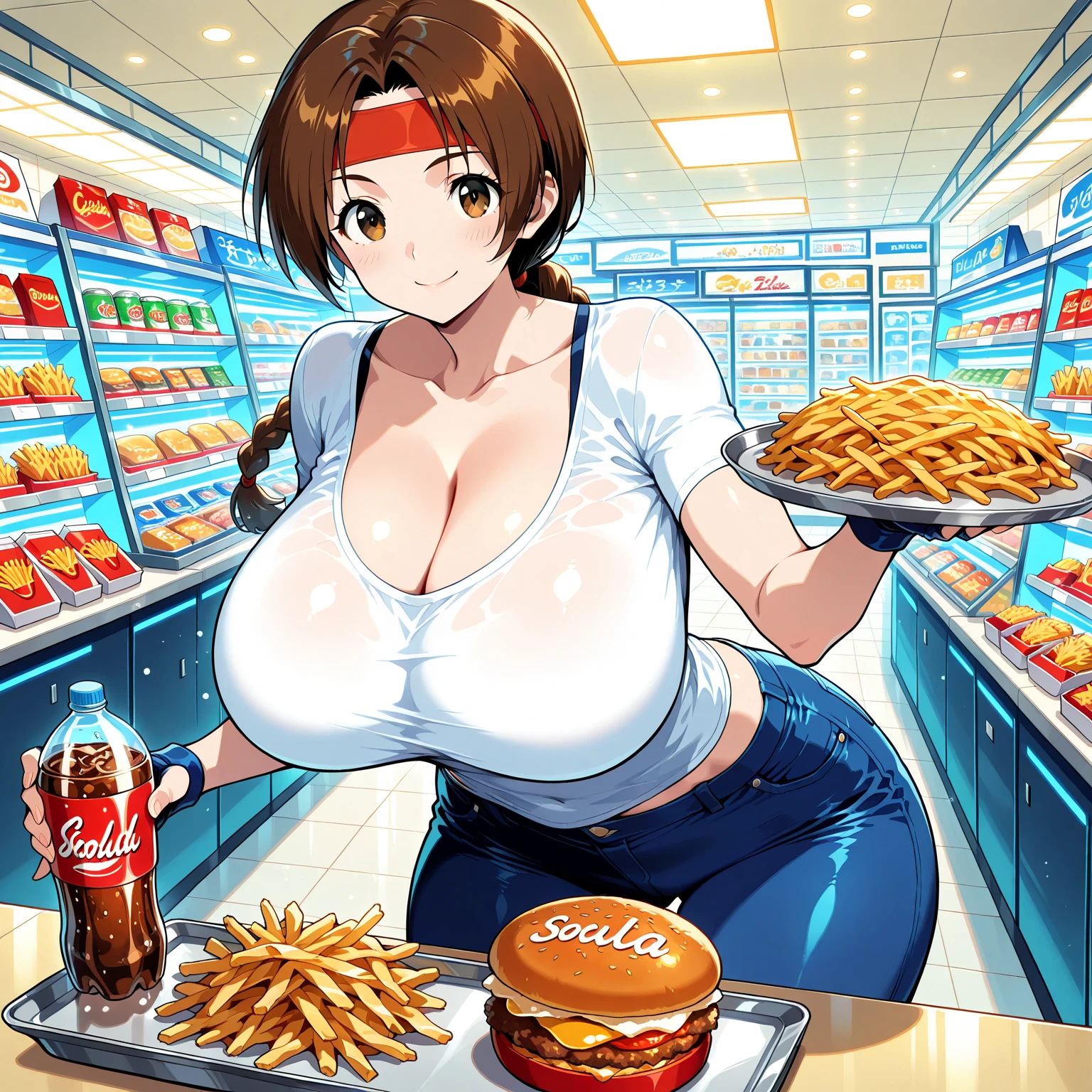 A woman in a tank top and slim jeans eating a taco at a taco shop The cola is on the table Large Breasts Big Ass