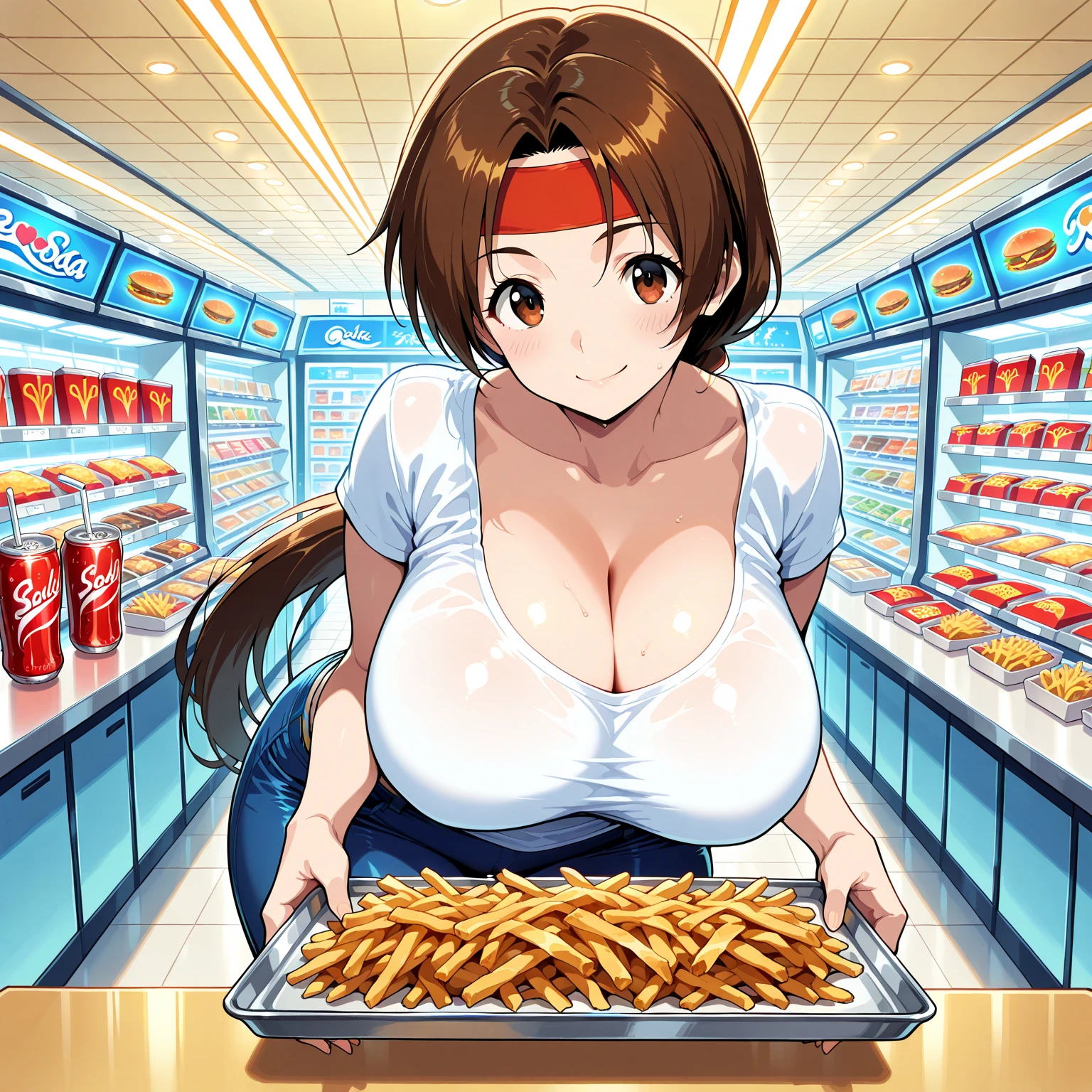 Score_9, score_8_up, score_7_up, score_6_up, score_5_up, score_4_up, source_anime, 1girl, young female, sagging gigantic huge breasts, wide hips, thick thighs,  huge areolae, areola slip, black areolae, dark areolae, under cashier counter, side view, detailed eyes, brown eyes, looking at viewer, crowded, in convenience store, sleeveless, seven eleven store uniform, ahegao, collarbone, head tilt, showing hairy stomach hair, showing armpit, hairy armpit hair, bukkake on armpits, sperm on armpit, cum shot on armpit, sperm, penis, Japanese, hentai atmosphere, hand behind the head, nipple cover, hairy stomach hair, fellatio, penis, crouching under desk, sweating, tanned skin, heart mark words, 