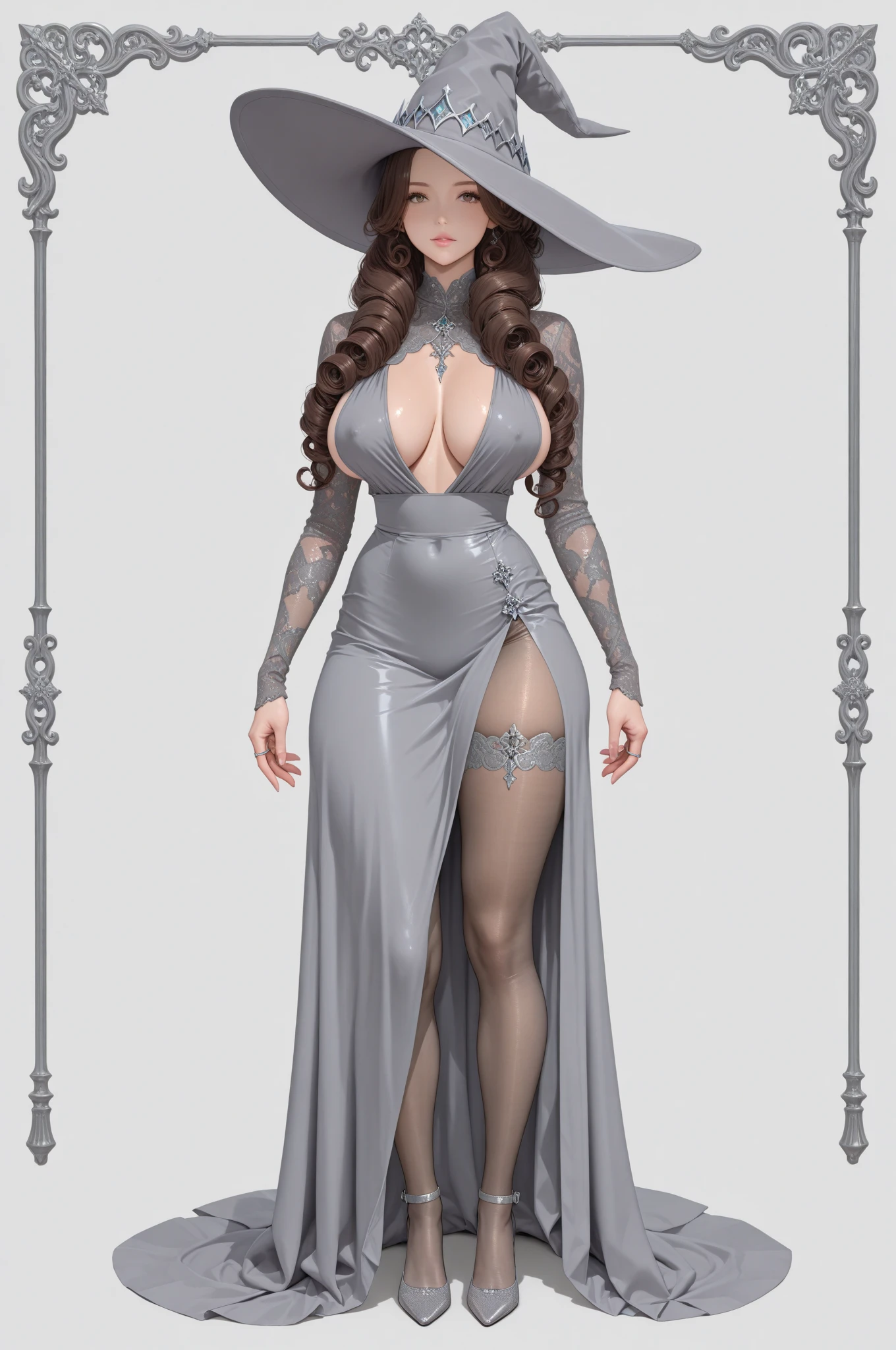 ((Full image:1.5, Show full body from head to toe, Standing perfectly, standing:1.8, Body facing to the viewer (Show front body, show center body)). Balance focused camera view, Centered camera view, middle camera view, vertical scape camera. Masterpiece, illustration:1.1, best quality, high quality, fine details, perfect details, smooth detail, sharp color, 8K, Ultra HD, Ultra-clear portrait, big resolution, perfect lighting, bright lighting, top quality, sharp focus. Fantasy, medieval, noble woman. A Beautiful woman wearing black dress, long sleeves(lace sleeves), lace skirts, bra, corset, lace stockings, show heels. Full Huge breast:1.7, Huge round breast, alluring body, seductive body, tall body, fit body, Leg length, slender body, pale toned skin, very bright skin, glowing skin, glowing face, bright face, wearing makeup, lipstick, blush. Long black hair with bangs, head accessories. Smirking, her eyes looking to the camera. The background is outside a castle, bright lighting. Standing (Full Body View).