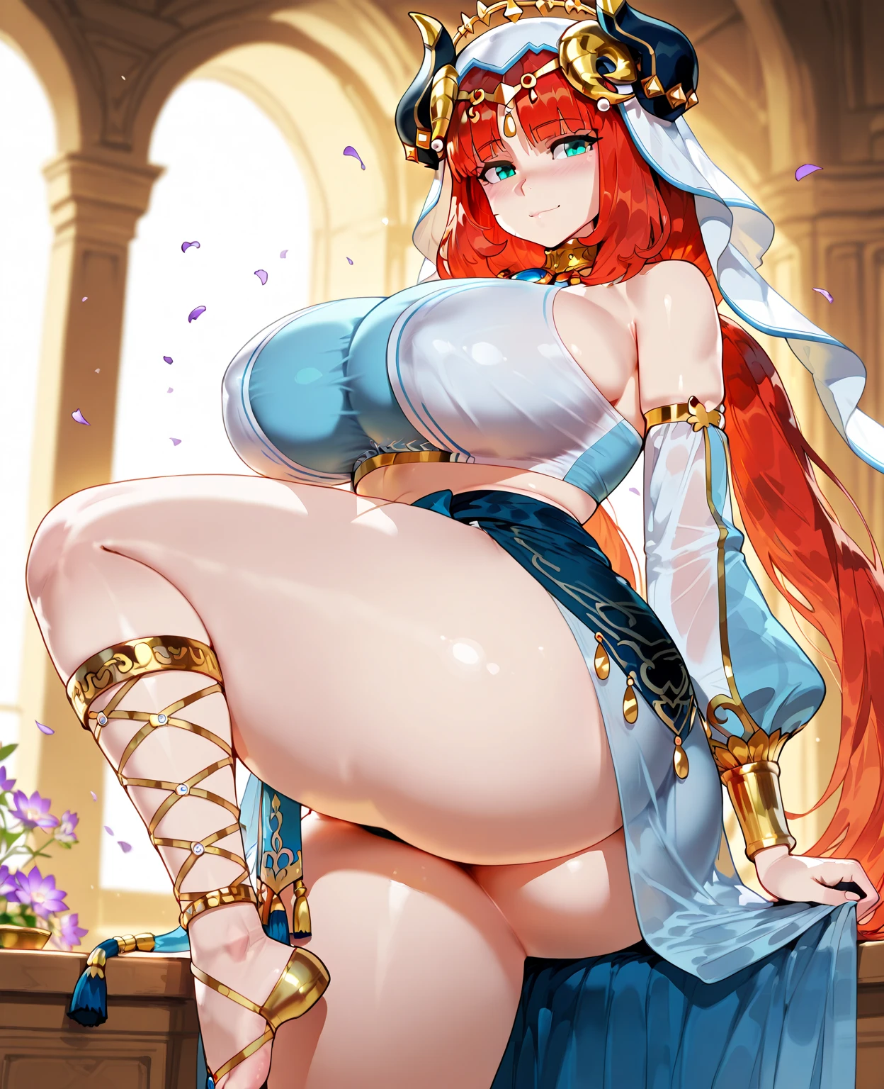 1woman, ((princess dress)), standing in medieval castle, ((blue long puffy rococo dress, full length hoop skirt, princess tiara, many ruffles, frilly)), (hair in ponytail, long wavy orange hair), (Blue eyes), sharp outline, a matural female, 30 year old, {{{Best Quality}}}, {{{masterpiece}}}, {{intricate details}}, {{ultra detailed}}, ((((hourglass figure)))), (((massive boobs))), tiny waist, six pack abs, wide hips, fit hourglass figure, legs spread, excellent lighting, (bigger boobs:1.4), orange hair, big smiling expression, blushing, flirty, ((busty breasts)), boobs overflowing out of top, cleavage, more underboob, (((focus on deep blue eyes with big black pupils))), many detailed ruffles, puffy dress bottom, tiered dress, ((((view from directly below)))), dynamic angle, bulky hoop skirt, ultra-detailed 4k, ((high resolution image))