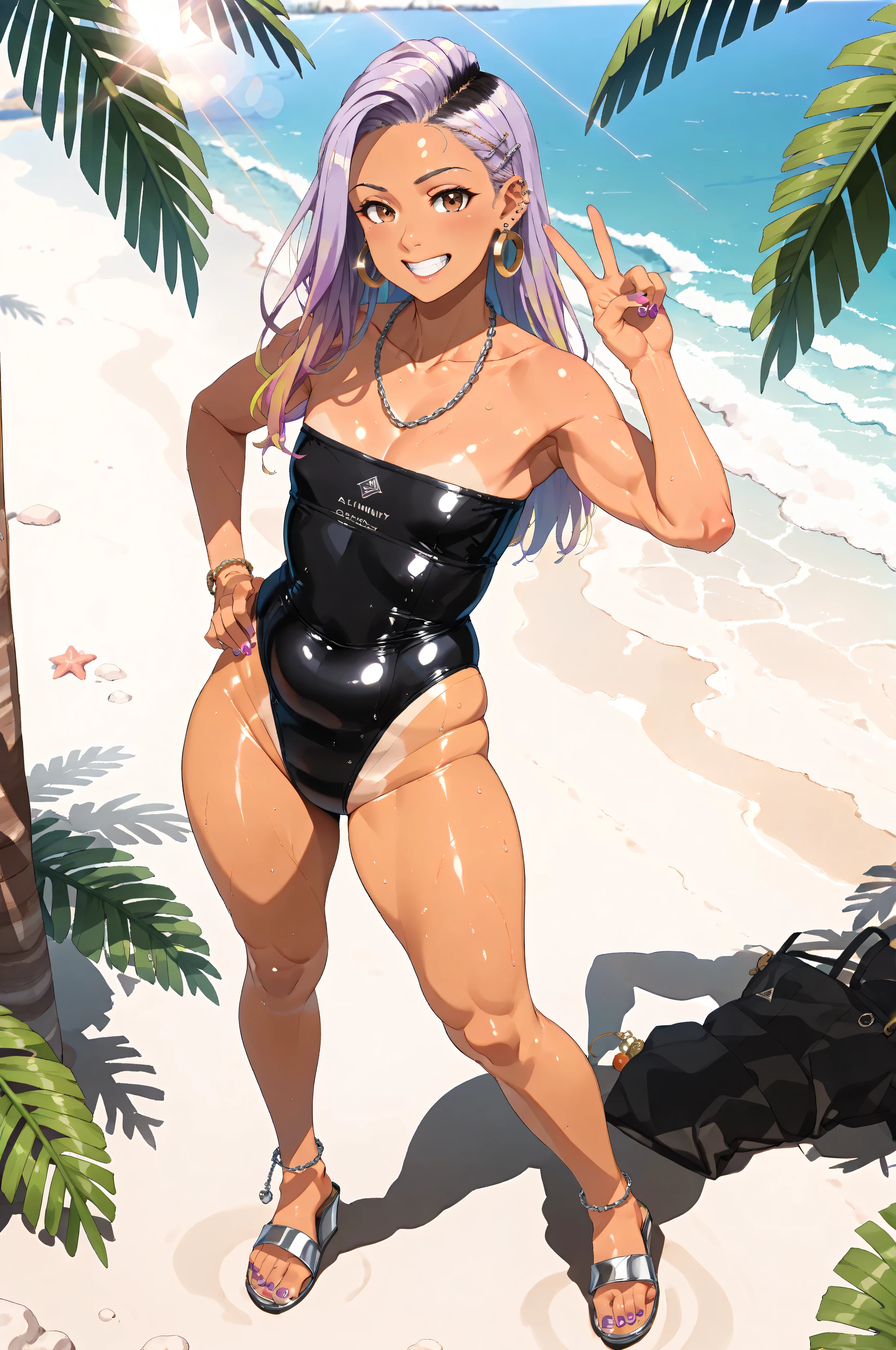 Dark-skinned woman, purple hair,muscled body, wearing a beach hat, wearing a bikini and beach skirt, all wet, having ice cream