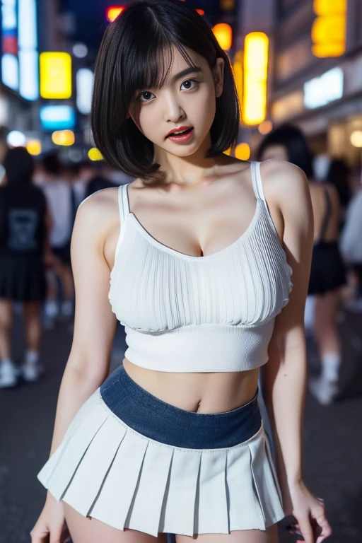 highest quality, ultra high resolution, (realistic:1.4), 1 cute cute girl, off shoulder white shirt, hot pants, black choker, (beautiful black hair:1), (huge breasts:1.2), look at me with dirty cheeks, knee high socks、whole body、Navel exposure、tight waist、nipples swollen on clothes、(Her face looks like a Korean idol)