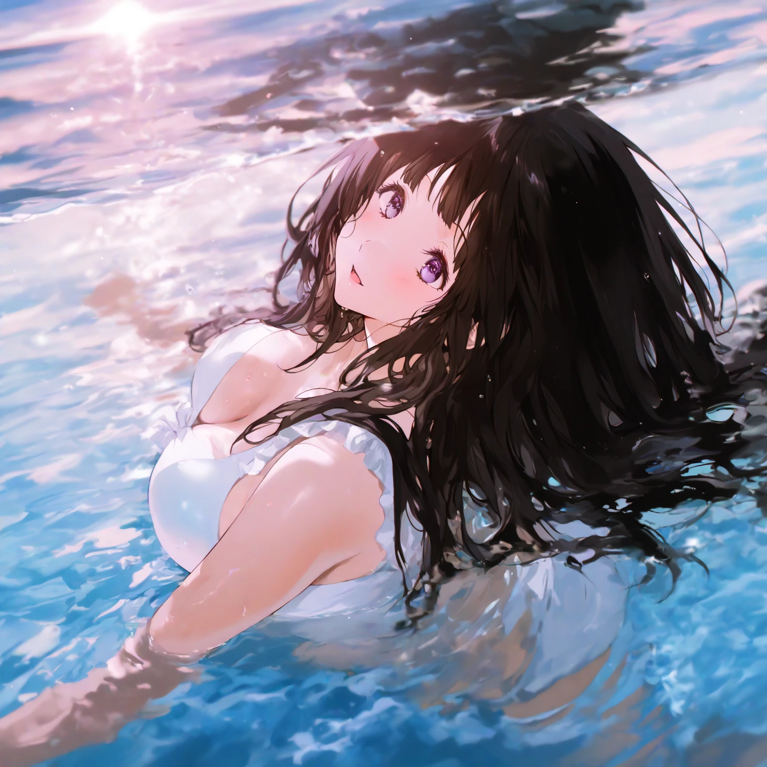 ((best quality)), (ultra-detailed), ((extremely detailed)), (beautiful), ((kawaii girl)), (black:1.3) hair, red (colored inner hair:1.2), long hair, straight hair, swept bangs, asymmetrical bangs, hair intakes, ahoge, kind smile, red eyes, medium large breasts, BREAK, 比基尼, beautiful scenery, underwater, water drop, dynamic lighting, light particle, sunlight, shadow, (air bubble:1.2), reflection, extremely detailed CG unity 8k wallpaper,White hair band、Red eyes、Black Hair、Yor Briar、smile、Bubble、Floating、Float your legs、流れるBubble、dive、In the sea、One girl、In the water、In the waterにdive、Swimwear、In the waterで泳ぐ様子、 the sea、undersea