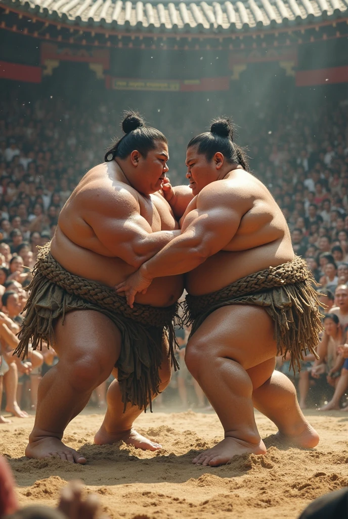 A young monk from ancient Japan, who looks like a fat bodybuilder like a sumo wrestler、A young monk from ancient Japan, looking like a fat bodybuilder like a sumo wrestler, standing with his arm around his shoulders in joy
