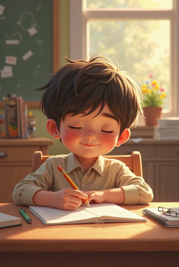 A cartoon of a who is seated at a desk, intently drawing on a piece of paper with a crayon in his hand. He is facing forward. Surrounding him on the desk is a lively assortment of illustrations: a delicate rose, a peaceful lotus, and a bright tulip add a floral touch, while playful images of a cat, a dog, and a sheep bring a whimsical charm. There are also depictions of an apple and a strawberry, alongside a carrot and a cabbage, creating a colorful and diverse collection.
At the center of this scene is a blackboard, its dark surface framed with a wooden border, adding a classic touch to the setup. Nearby, a few crayons are scattered across the desk, their vivid colors hinting at more creative endeavors. The blackboard stands as a focal point, perhaps awaiting future drawings or notes, while the boy's engaging activity and the cheerful illustrations around him create a delightful and inspiring environment.