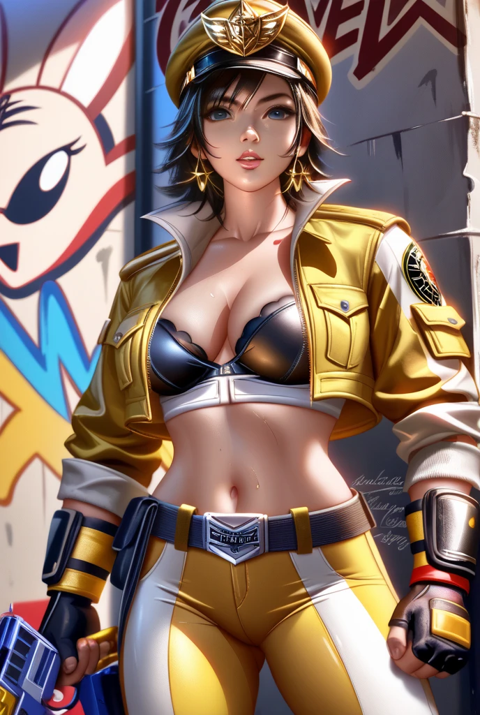 Create the iconic Cowboy Bebop character,  valentine Nappu

"Visualize the legendary Valentine  Nappi,  a prominent character from the Cowboy  Bebop anime. She possesses a sexy body physique,  wearing a yellow half t-shirt exposing her cleavage.

Valentine is sexy  character with purple bob cut hair in her scanty yellow tight shirt exposing 
her cleavage and lower body wearing less than half jeans,  holding a pistol that that adds to her iconic appearance. Her defining ability is her mastery over guns. Picture her in a sexy pose showcasing beauty and seductiveness.

Set her against a background of sunset horizon,  with red wall in the backdrop,  creating a blissful atmosphere. The background should emphasize her looking  sexy and beauty

Capture this image to pay homage to Valentine Nappi's character,  showcasing her powerful presence and her association with being a sexual  character,  a central theme in his story arc within the Cowboy Bebop series." ((Perfect face)),  ((perfect hands)),  ((perfect body)),  [perfect image of Erza scarlet (Cowboy  Bebop anime character)]
Negative prompt: watermark,  signature,  username,  text,  (nsfw,  nude,  nipple,  nipples),  (worst quality,  low quality,  normal quality),  badhandv4,  (missing hands,  missing legs,  missing finger),  (extra hands,  extra legs,  extra finger),  (bad hands,  bad legs,  bad finger),  greyscale,  monochrome,  cropped,  duplicate,  mutilated,  poorly drawn hands,  poorly drawn face,  malformed limbs,  extra limbs,  cloned face,  EasynegativeV2,  ng_deepnegative_v1_75t,  malformed hands,  disfigured hands,  bad anatomy_disfigured hands
Steps: 30, Sampler: DPM++ 2M Karras, CFG scale: 8.0, Seed: 2691500492, Size: 512x768, Model: SimpleMix_Fantasy, Denoising strength: 0.32, TI hashes: "badhandv4, EasyNegativeV2, ng_deepnegative_v1_75t", Version: v1.6.0.8-2-g710787a
Used Embeddings: "badhandv4, EasyNegativeV2, ng_deepnegative_v1_75t"