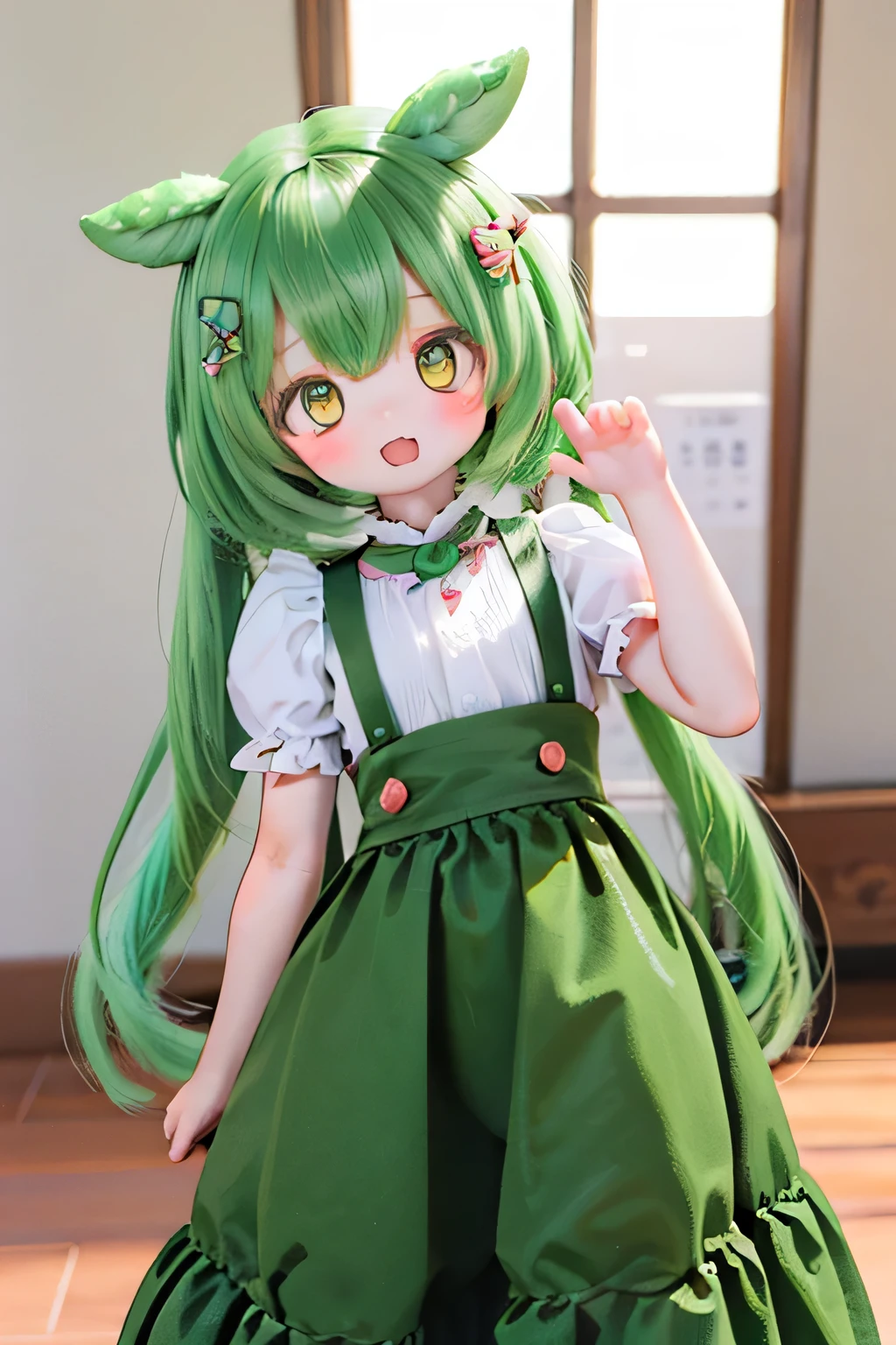 cute green-haired zundamon in playful pose, Exquisite Character Design , Delicate Details , surreal , photorealistic , 8k, masterpiece , is high resolution, bright color, 多くのcute人々I can see the light of , natural light, 、 warm palette , amazing , Nikon Z7 IIミラーレスカメラで撮影したamazing映像 , cute , cuteデザイン , , Heartwarming、Edamame、 execution (((((Young Lady))))))(((long hair))) (((((Long Dress))))))long skirt in front of the museum、 very elegant word classrooms