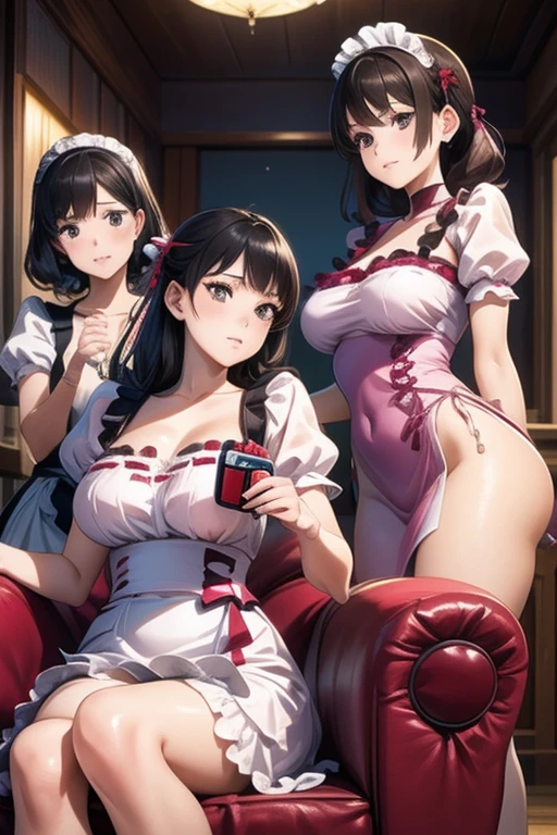 multitple thick body females in cathedral all females wearing long wavy floral yellow dress uniformly, (females open dress middle show full red lace pattern panties under dress), nsfw, brightly lit altar can be seen from far