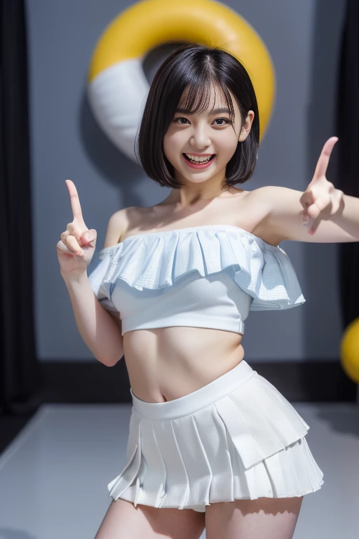 Japanese、11 years old、beautiful girl、petite、Short hair、bob hair、thick physique、idol singer、cute expression、my chest is very big、Emphasis on the chest、bust is very big、sexy costume、Small clothes that show the shape of your nipples、very short skirt、Close-up image、sing on stage、The skirt is very short、Photographed from directly below、Her skirt is flipped up and her panties are fully exposed.、showing panties、