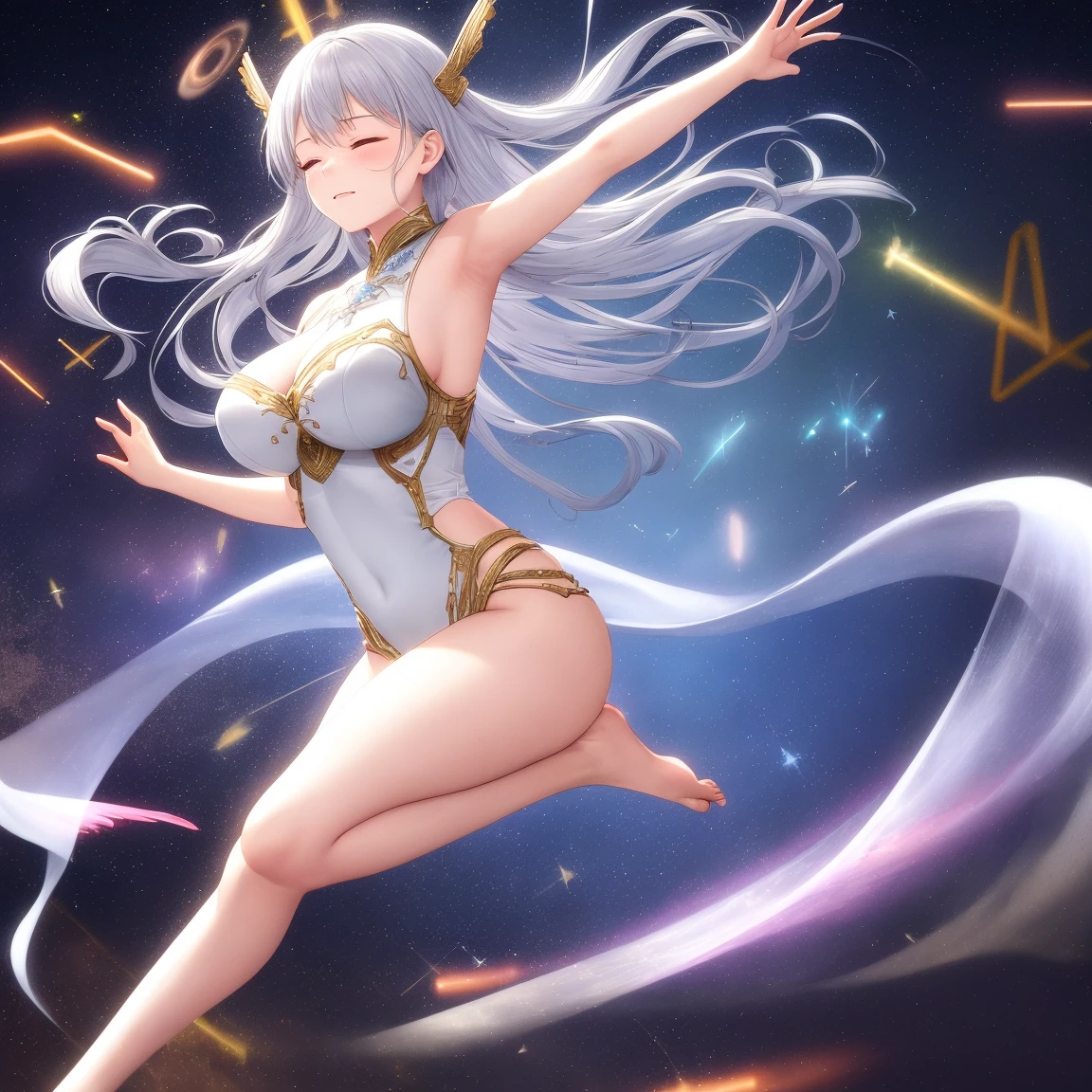 13 year old girl. White hair with twin tails. Golden eyes. White skin. Petite. Gold cloak over white one piece 
