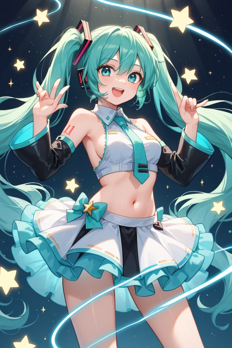 (Perfect body),Best Quality,(8K Portrait),(Official art)、((NSFW))、(((Lori)))、((Short stature))、((:D))、1girl in,(blush),(Sweat),(((flat chest)))、(thick thighs)、(big butts)、((Blue hair))、(Long hair)、(((Twin-tailed)))、Yellow Ribbon、((White and light blue leotard))、 ((Yellow frills))、(yellow eyes)、Hands behind the head、Armpits、(spreading legs)、Cowboy Shot、Electronic space、(There is a star-shaped stick on the right hand.)、(Peace sign with left hand in front of face)、dynamicposes