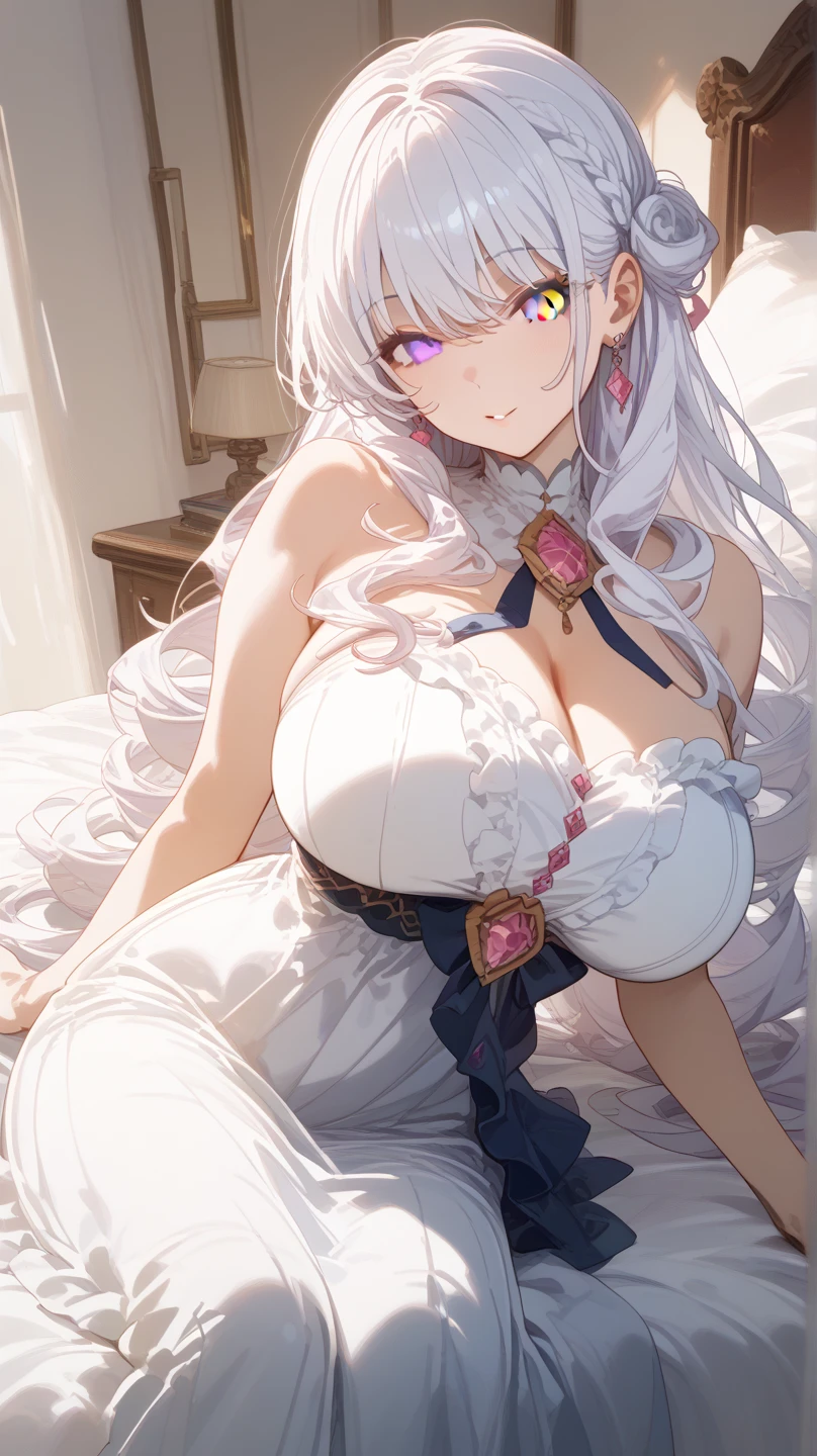 (best quality:1.5, highres, UHD, 4K, detailed lighting, shaderlonde straight hair, large breasts, (white queen dress, white tiara), cleavage, thighs, dress, sitting on bed, (pov, blushing:1.3), bedroom background, smiling, milf