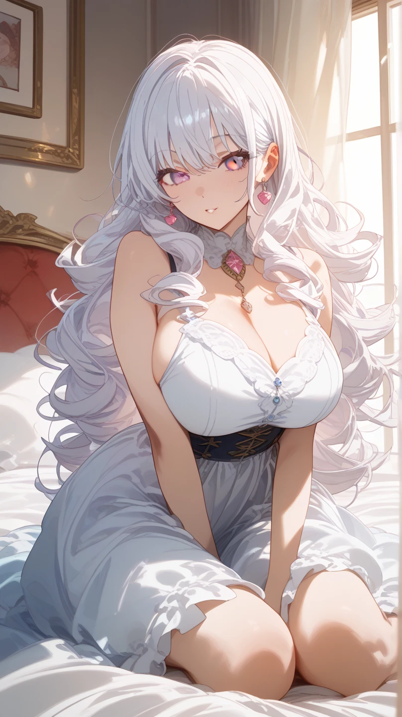 Masterpiece, very detailed, ultra detailed, one, (1 woman), she's in a black sexy and lace nightie, super mature, tall, milf style, mature mother, long white hair and sloppy bangs, wild hair, white demonic horns, beautiful, charming, bright purple eyes, elegant, big breasts (huge), perverted smile, charming, she's on her stomach on the bed, she's in a luxurious bed.