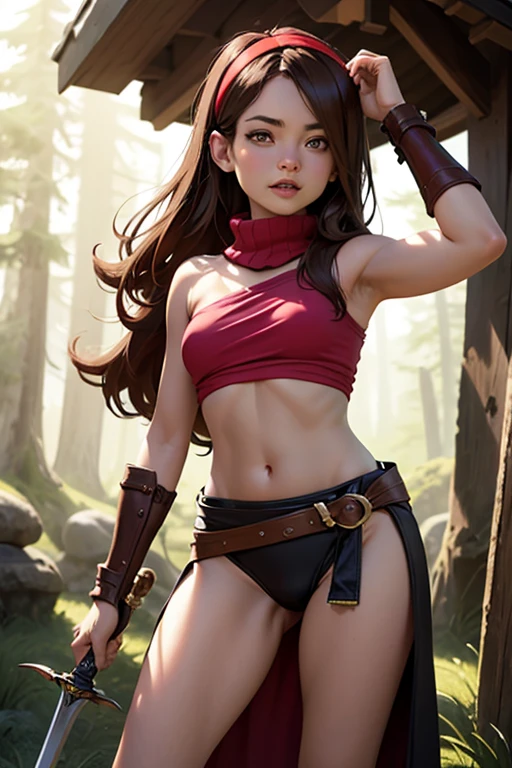 Mai Shiranui: bug busty big breasts "Mai Shiranui wears a short and revealing traditional Japanese kimono, acentuado con patrones de flores y colores vibrantes. El atuendo tiene una falda corta y suelta que muestra sus piernas mientras se mueve con agilidad. En el campo de batalla Completando su mirada, Mai also wears a combat belt around her waist where she usually keeps her kunai and other weaponry. Attractive face, symmetrical and harmonious. 2. Labios llenos y rosados. 3. Ojos grandes y expresivos. 4. Small, well-defined nose. 5. Piel clara y uniforme. 6. Arcos de las cejas definidas. 7. Rounded and delicate chin. 8. Frente amplio y despejada. 9. Cabellos gruesos, suaves y con volumen. 10. Small, properly positioned ears.