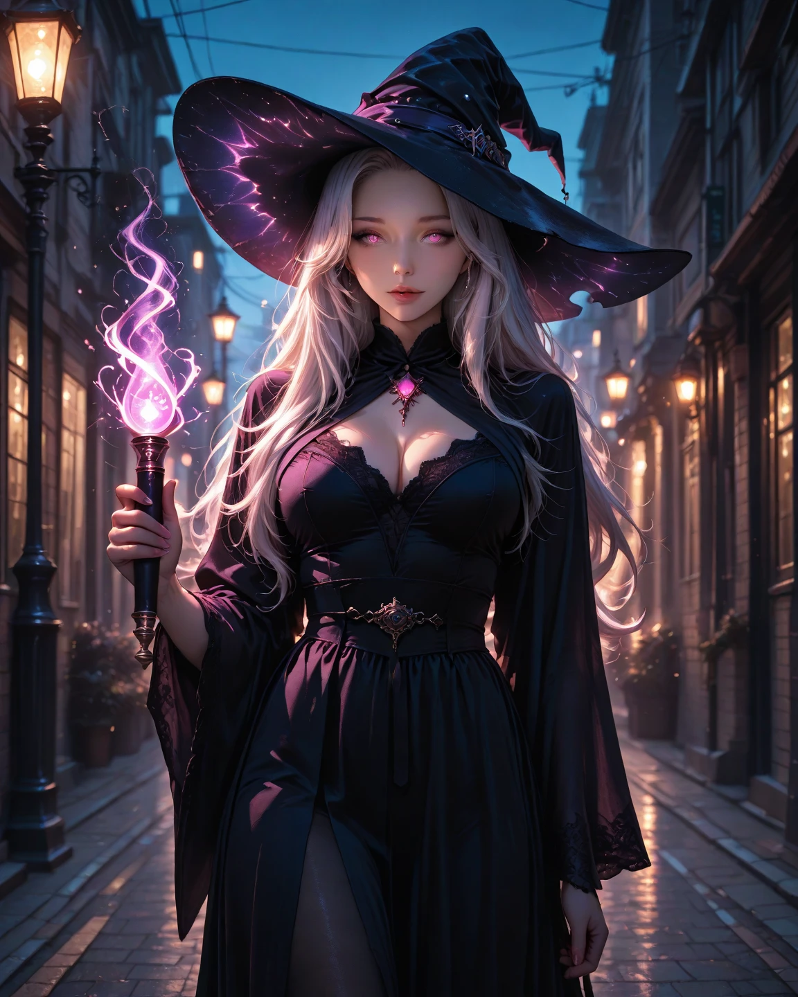 (best quality,4k,8k,highres,masterpiece:1.2),ultra-detailed,(realistic,photorealistic,photo-realistic:1.37),black long dress,big hat,witch clothes,beautiful detailed eyes,beautiful detailed lips,extremely detailed eyes and face,longeyelashes,friendly smile,slim body,standing,shy expression,soft lighting,traditional oil painting style,vivid colors,soft pastel color palette