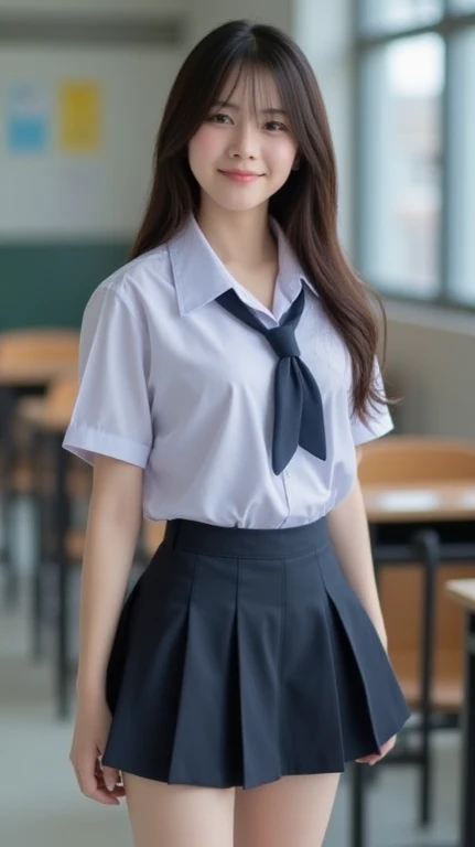 masterpiece, top quality, ultra high definition, colorful, flat color, depth of field, lens flare
1 girl, black hair, watching viewer, 18 years old, school, classroom, pleated mini skirt, school uniform, seravuk, detailed touch, detailed cloth texture, beautiful detailed face, whole body, diagonally from below