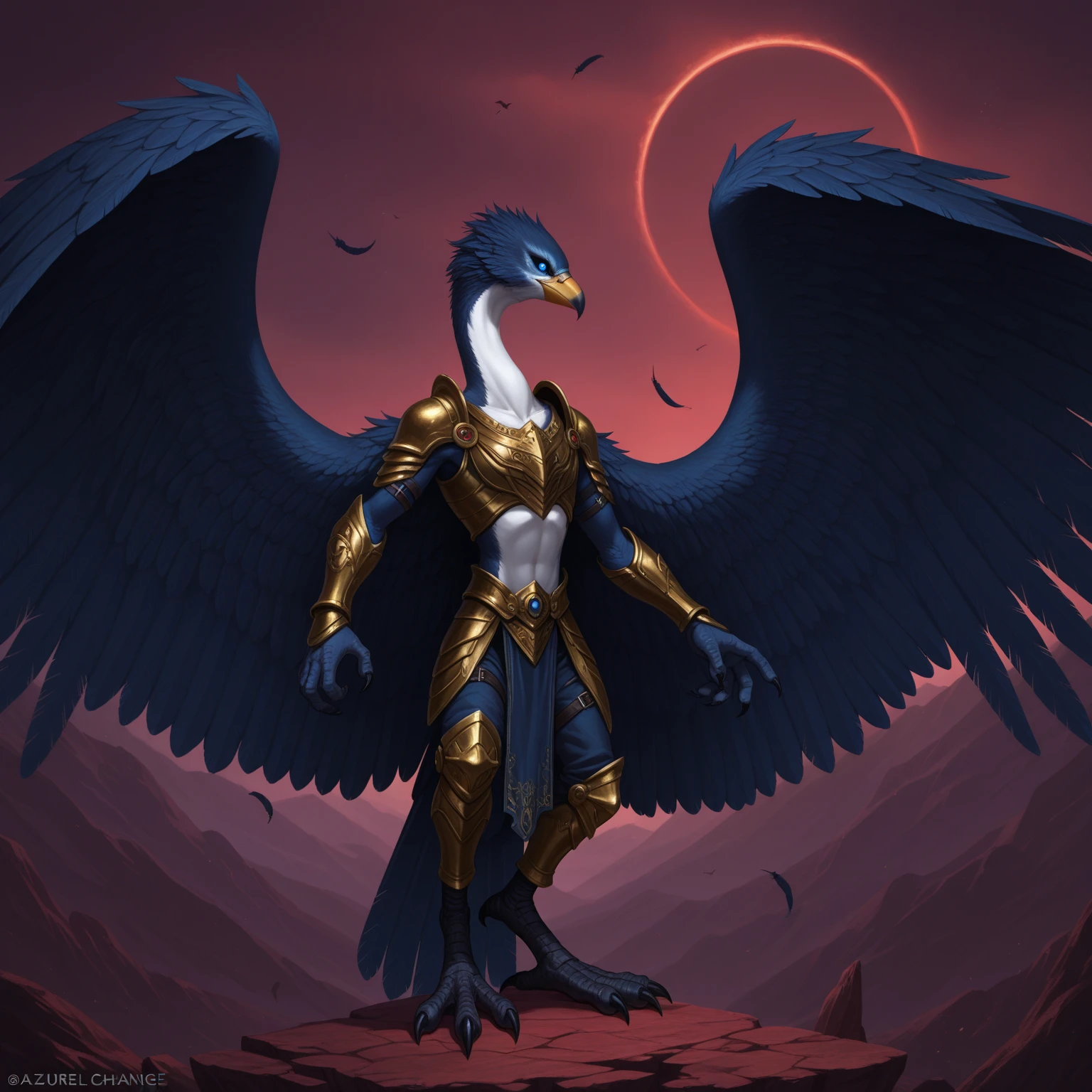 masterpiece, best quality,((solo)), painting of Aven a Dark Purple bird woman wearing armor, medieval setting, in a stream, night, synagogue in the background, <lora:Aven:0.85>