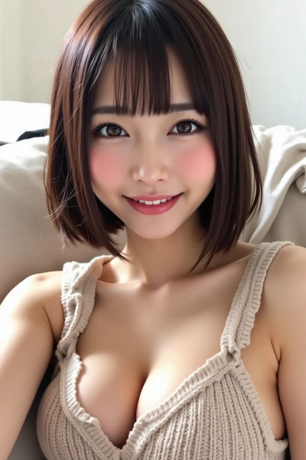 top-quality、softlight、(depth of fields)、超A high resolution、(Photorealsitic:1.4)、Raw photography、(portlate:1.4)、1 Japan Female、22year old、独奏、cute little、(full of shyness、A smile: 1.1)、(Brown-eyed)、detailed beautiful faces、(Shorthair)、a bed、fullnude