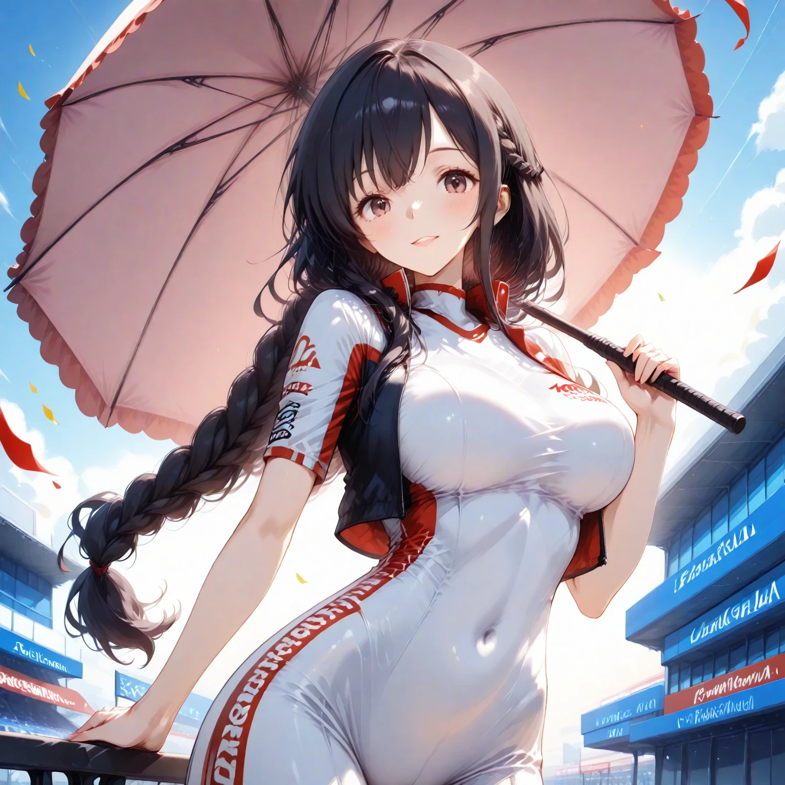 The Masterpiece,best qulaity,Best light and shadow,8K,ultra-highres,ultra - detailed,looking at the spectator,In the amusement park,a girl,pigtails,Brunette Big breasts,Blushlush,eyeshadows,small udder,Pink eyeballs,Lips closed,lipsticks,White cheongsam,hand on leg