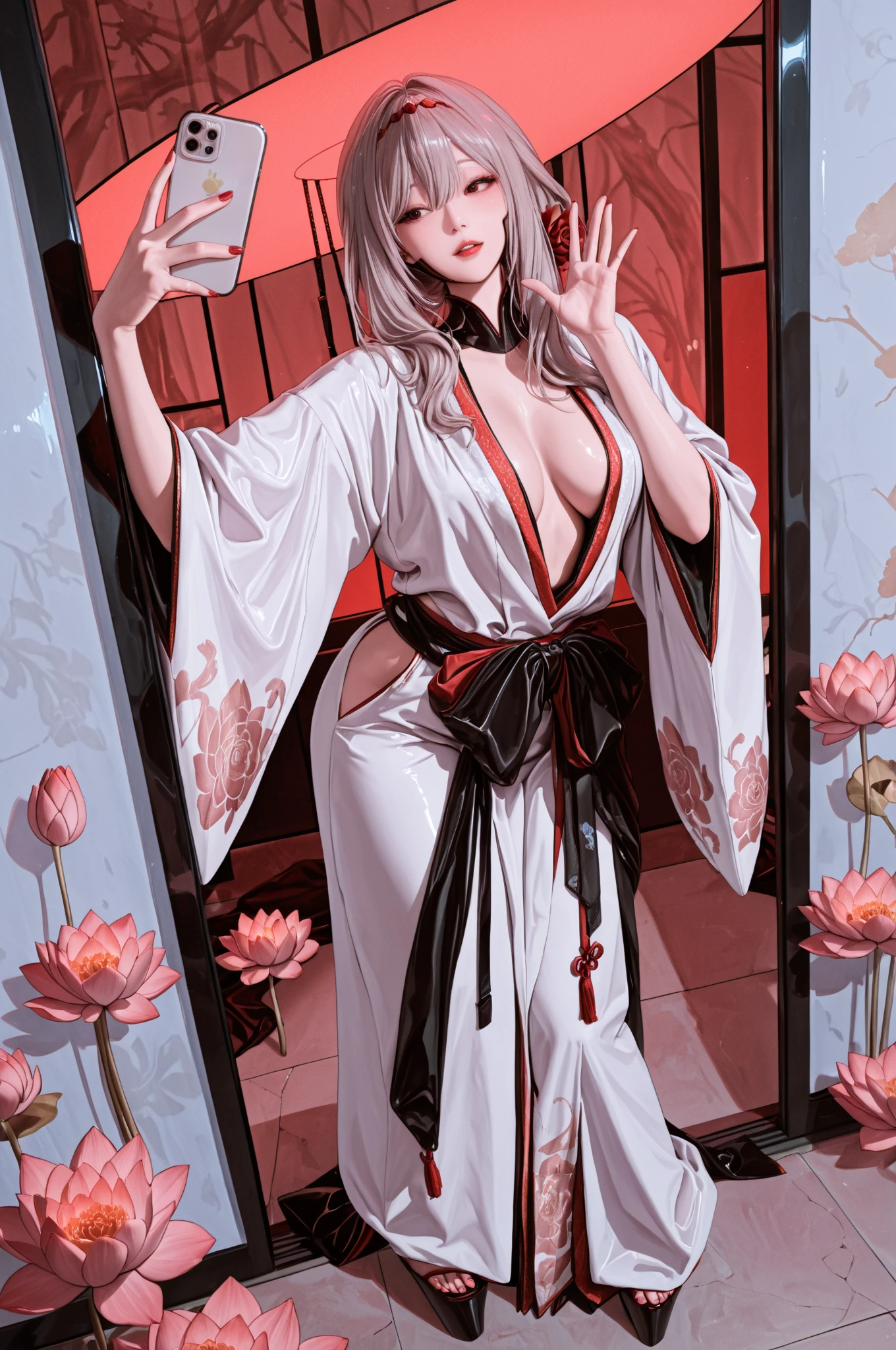 Best Image Quality, MasterPiece, Ultra High Resolution, (Accuracy: 1.4), Very beautiful girl, long straight hair, white hair with bangs, dressed in an unbuttoned kimono, naked big breasts, sitting in the lotus position, hands pointing to the sides, reciting mantras, in the background behind a large fluffy hare (center), looking at the camera, background of the night starry sky, red moon. detailed eyes and face, naked body,, nfsw Beautiful detailed eyes, halo around the head, dull, dark, membranous, 1.5), (erotic clothing: 1.4), bare shoulders.