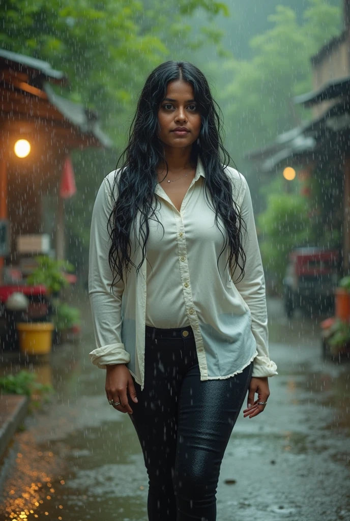 RAW photo of a women, super detail, high details, high quality, realistic, black hair, blue eyes, tanned skin, Standing Rain, wet. 