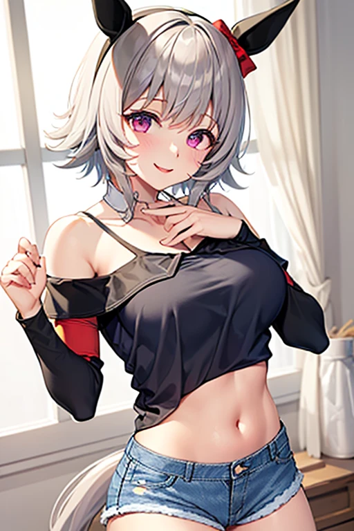 <lora:LiliweissX_V1:0.75> masterpiece, best quality, liliweissx, earrings, ;3, tank top, navel, miniskirt