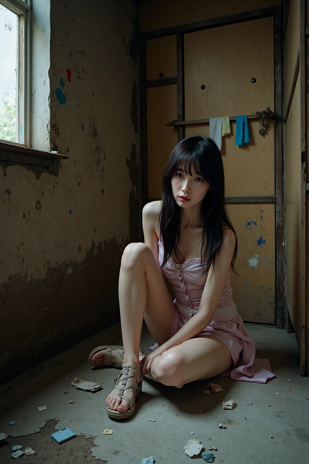 (8k, RAW photos, best quality, masterpieces, : 1.2), (realistic, photorealistic: 1.37), 17-year-old Japan girl with a sad face of homeless, sad expression of despair, sitting on the floor depressed, poor, dirty room littered with garbage, torn and dirty tattered dirty clothes, exposed plain clothes, torn fabric, collarbone, no bra, cotton panties, leg panties, Torn micropants, dirty hair, dirty face, dirty skin, wet skin, muddy skin, muddy feet, bare feet, small breasts, cleavage, unkempt hair, sweat, sweat drops, tan, close-up, from below, old kitchen, tile fragments, dark ruins, messy rooms, broken dolls, trash cans, top quality, ultra high resolution, physically based rendering, cinematic lighting, Complex and cinematic look, messy room, photorealistic, cowboy shot, dynamic angle