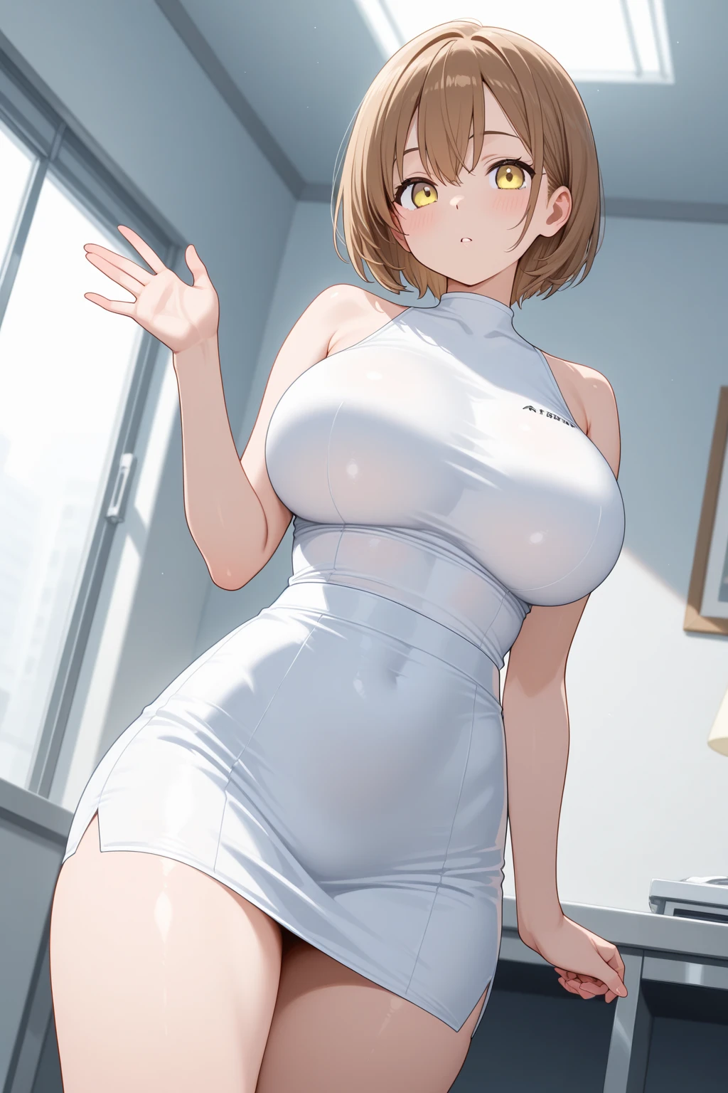 nsfw:1.5,16K、masterpiece、High resolution、((1 female))、short hair、Very large breasts、((White Latex Bodysuit))、Serious expression、Very close、Dimly lit room
