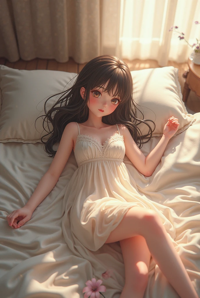 Very cute and beautiful girl sitting near the window,(floral yellow summer dress with detailed frills),No sleeve,Fine lace,(Spread your legs,White panties), (Very exquisite beautiful face and eyes:1.2),Antique hotel bedroom,Luxury furniture,balcony,Ocean View,summer, Cowboy Shot,(smile),blush,Medium Hair,Black Hair,Dynamic Angle,(highest quality,masterpiece:1.2),(Intricate details),Super detailed,32k, Very detailed,High resolution,alone,Natural light,Particles of light,Beautifully detailed skies,