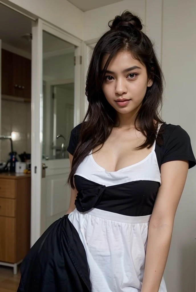 Young beautiful sweet Bogor city girl, 25 years old, her name is Salma, mixed  descent from sundanese and Javanese, slim sexy body, medium size teenage breasts,  big round naif childish eyes, cute little hawk type nose, shy and quite type girl,  very messy sweaty  medium long black  hair with a bangs, big wide forehead, very sweet georgeus round childish face,  wearing very thin   pink see through mini babbydools dress, standing cheerful at home yard, 
