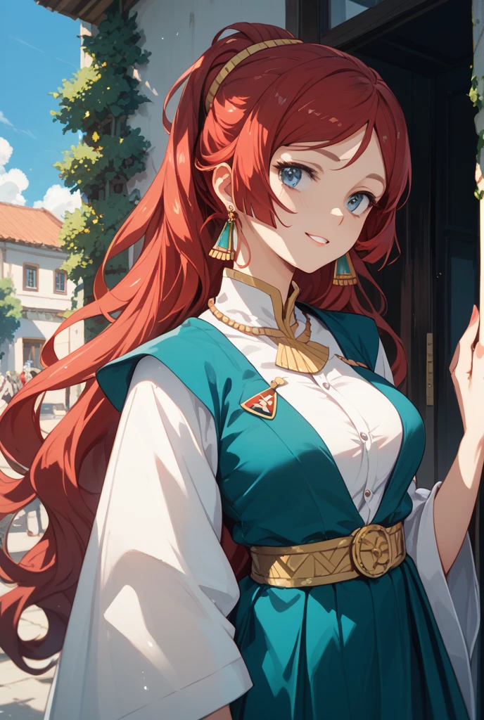 Beauty DJ，headphone，Distant shots，Godley，Red Hair，Delicate fingers，Five Fingers，Delicate facial features，wearing gorgeous costume，Outdoor festival venue，Perfect buildings，From the audience&#39;s perspective，Seen from afar，4K，masterpiece，high quality，