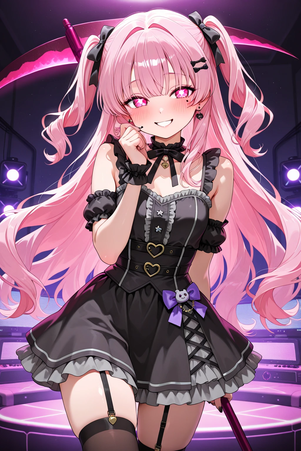 solo,Whole body、Young face、long silver Hair、long Twin tails、Spoiled brat、Immature body、（Small breasts）、smile、（Thick thighs:1.5)、Backwards、looking at viewer、Open mouth、double teeth、fang、blushing and sticking out her cute tongue, tongue out、sensational、Back view, Character portrait, whole body、little demon's horns and a tail、big Buttocks、（wearing a Magical girl costume）、Night view、tongue out, sexy panties、Shy face、pink tattoo on her abdomen、Seduce、（on a bed）、Cowboy Shot、On all four、 (looking back over their shoulder), 
