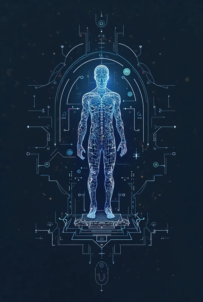 "An abstract figure symbolizing artificial intelligence, with a luminous core in the center surrounded by circuits and binary codes. From the core, Waves of information emanate from the screen, connecting to conversation bubbles with keywords and symbols of various topics., as science, art and technology. The figure is enveloped in a digital aura with blue and green tones., on a dark background evoking a futuristic atmosphere."