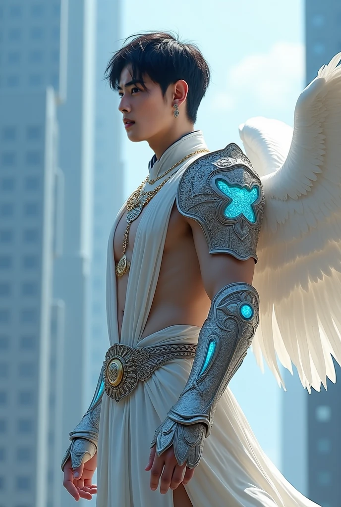 Solo, male focus, (masterpiece, ultra quality, high resolution, 8k, intricate: 1.2), (detailed face: 1.2), beautiful, young Korean, white skin, double eyelids, detailed skin, 1boy, (realistic)), abs, good quality lighting, muscle veins, ((pale skin)), young Korean, Park Jimin, in armor, sitting on a red surface, angel in plastic armor, archangel, corner armor with wing, angel, holy armor, young angel, high-quality fantasy art, angel knight guy, angel saint, male paladin, winged archer, from line 2
