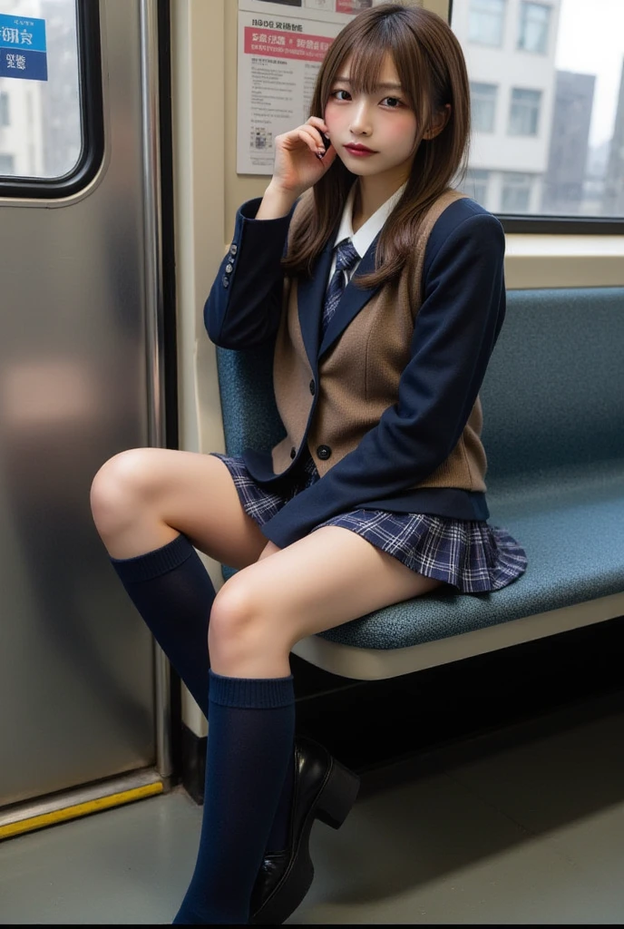 top-quality、hight resolution、ultra-detailliert、​masterpiece、Raw photography:2、realisitic:2、Photorealsitic:2、extremely delicate and beautiful、finely detail、Textured skin、low angles、1girl in、Solo、Alone、18 year old beautiful schoolgirl、in a high school uniform、(Subway seats)、(Body facing the camera)、(Sitting on a chair with open legs)、Dark blue jacket and plaid skirt、white  shirt、neck tie、Black loafers、beauitful face:1.5、tall、Brown hair、Bare legs、perfectly proportions、small tits、Open legs like Sharon Stone、Open your crotch、Sensual legs、Showing white panties:1.7、、Do not expose your upper body、Pubic hair is visible、The shape of the woman's pubic area is clearly visible