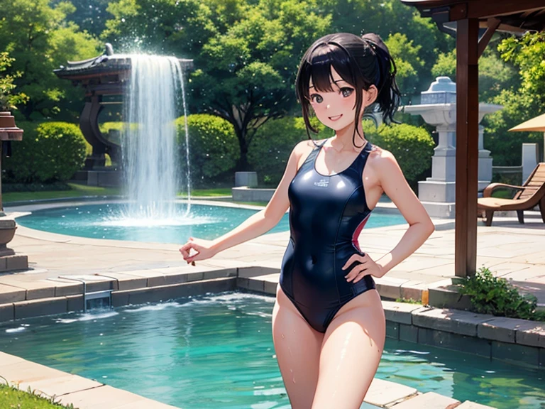 (4K,masterpiece,best quality,ultra detailed),(from behind:1.2),(sitting:1.2),looking back,(daylight,bloom),(solo,two female),(beautiful female),(teenage),(medium hair,beautiful black hair),(beautiful detailed face,beautiful detailed eyes,finely detailed skin),(medium breast,big hips),(fair skin),slender,light smile,shy,(wet one piece competition swimsuit),(on pool side),(cameltoe:0.1),realistic,